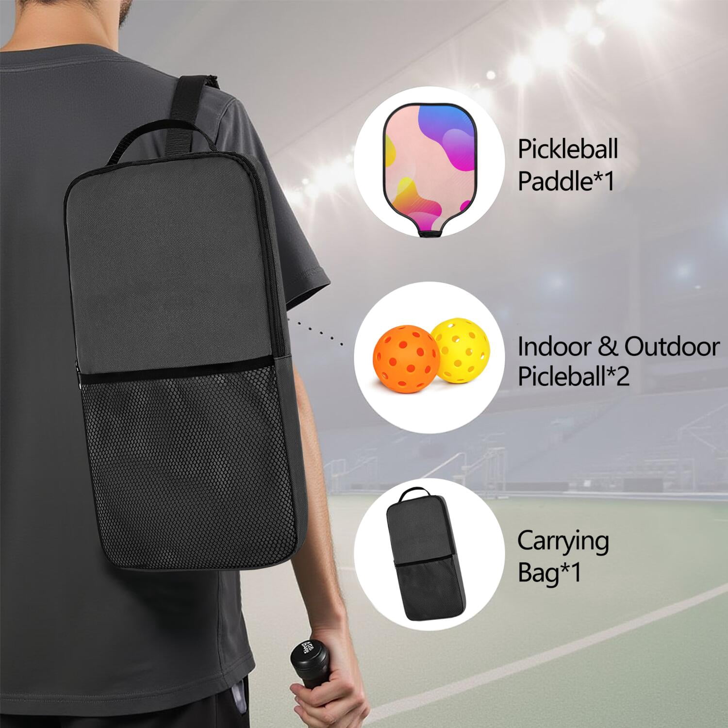 Pickleball Paddles Set Of 1, Fiberglass Surface, Neon Fluid Print, 1 Paddle, 2 Balls & Bag
