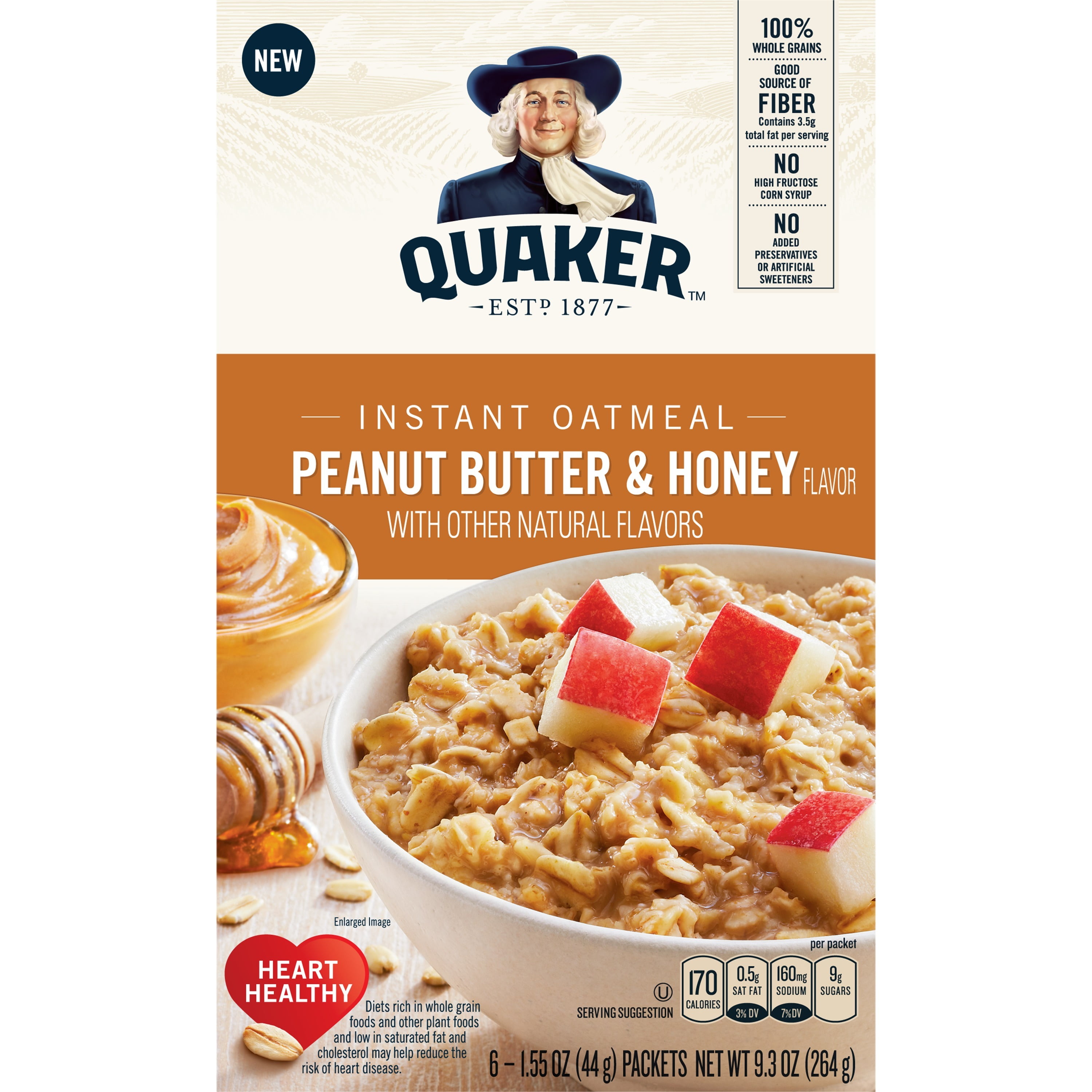 Quaker Instant Oatmeal, Peanut Butter & Honey, 1.55 Oz, 6 Packets