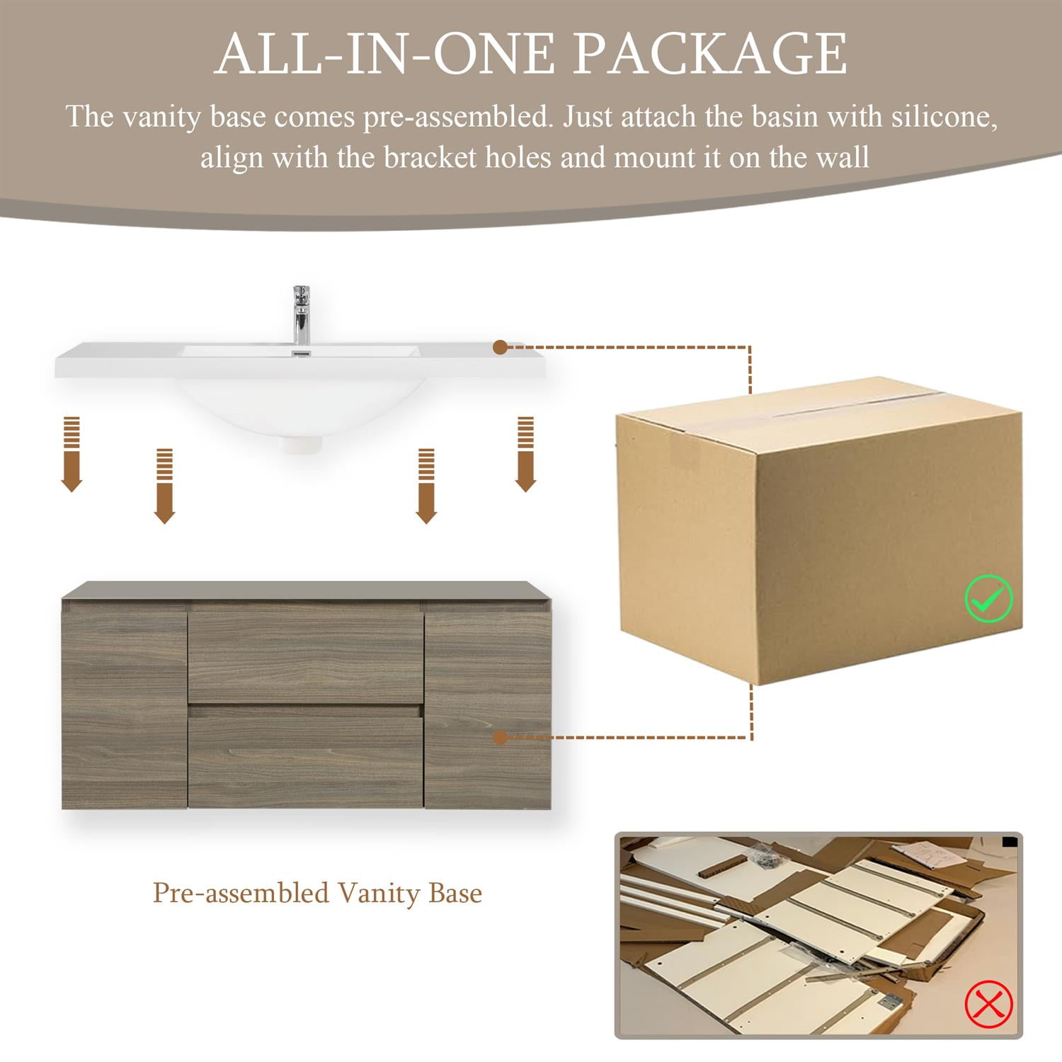 Demi Bonn 48" Floating Bathroom Vanity with Sink, Resin Top Basin and 2 Soft Close Drawers, 2 Storage Cabinet, Faucets and Drains Not Included, Gray