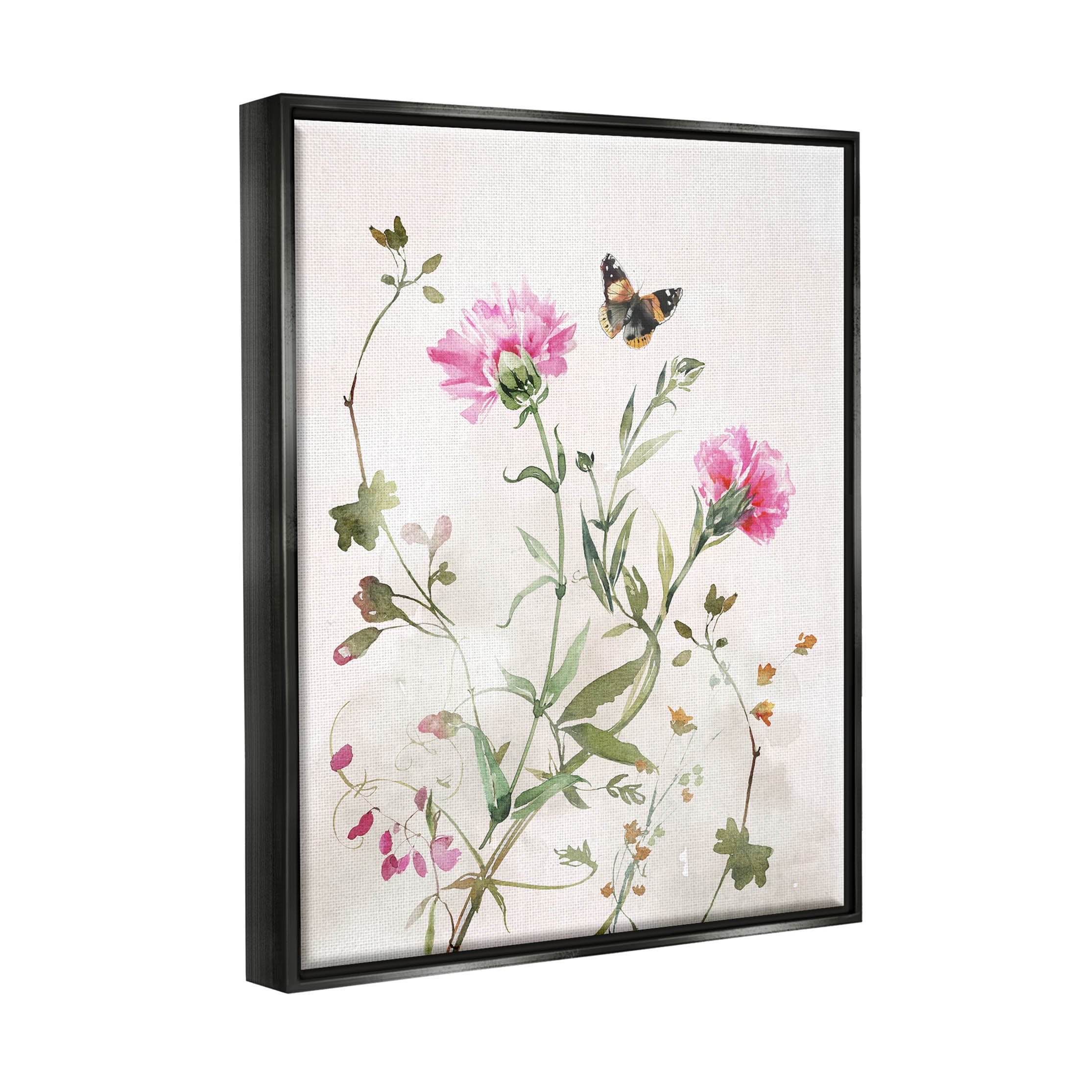 Stupell Industries Fluttering Butterfly Garden Blooms Graphic Art Jet Black Floating Framed Canvas Print Wall Art, Design by Nina Blue