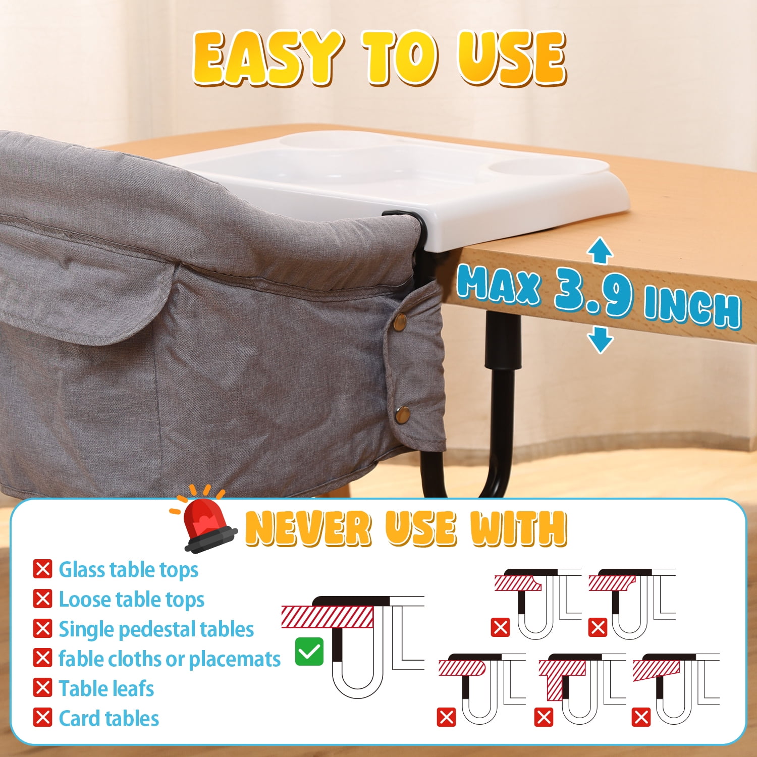 WonderStone Hook On Chair, Portable High Chair with Tray, Storage Bag & Free Accessories, Clip-On Table Chair for Baby and Toddler, Ideal for Home and Travel, Gray