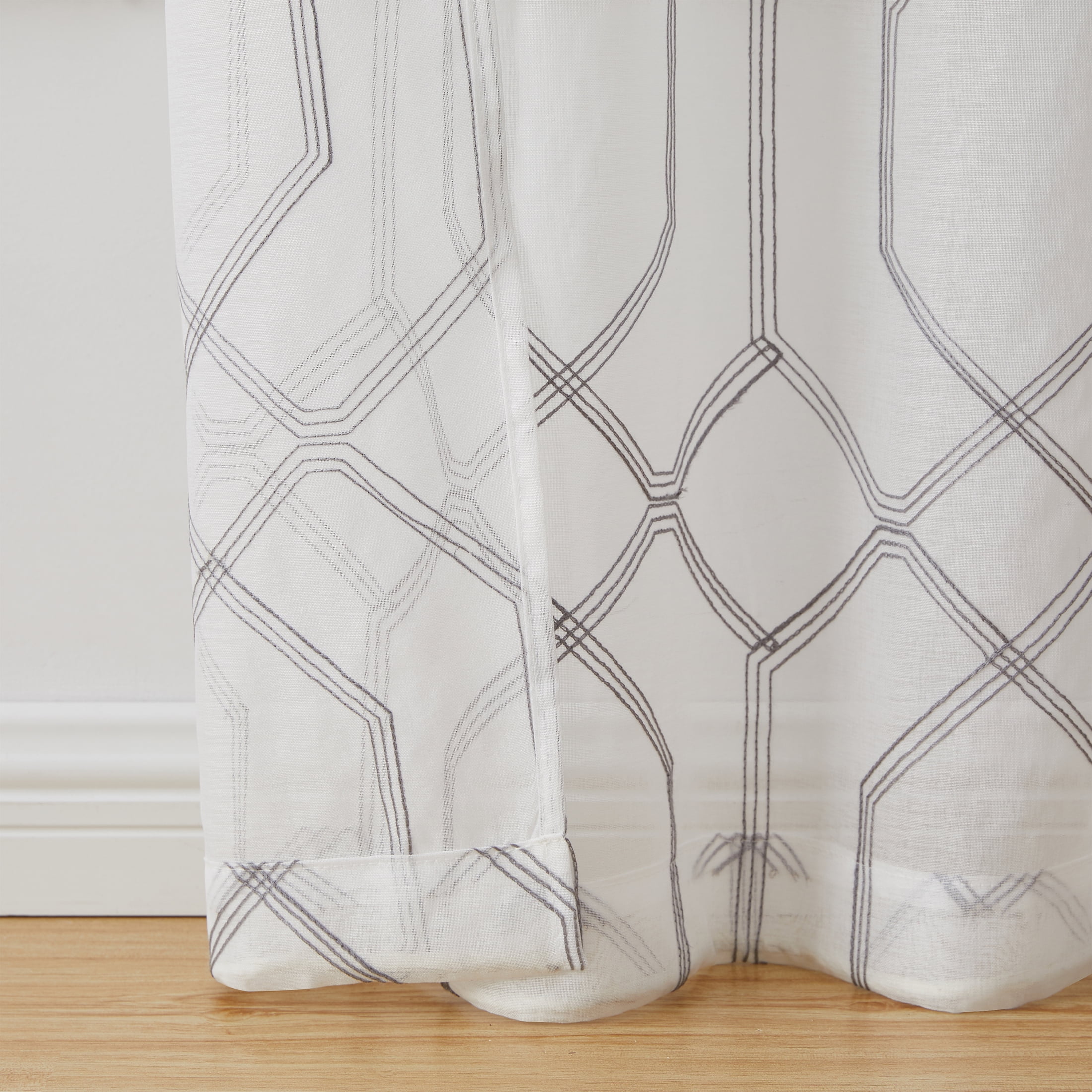 (2 pack) Mainstays Modern Geometric Embroidered Rod Pocket Sheer Curtains, Set of 4, Grey, 28" W x 54" L