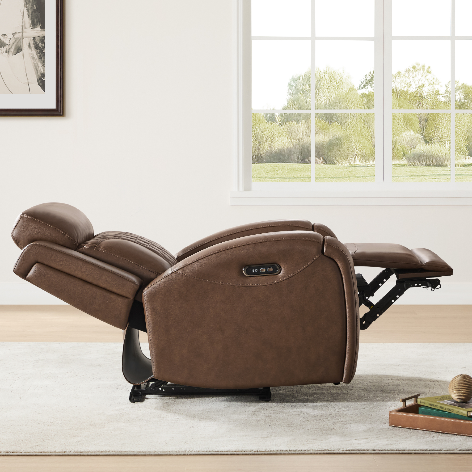 Spruce & Spring Leather Dual-Motor Lay Flat Recliner with Diamond Quilting, Cafe