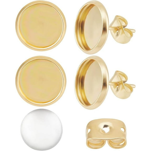 1 Box 40Pcs 10mm Earring Bezel Tray and 40Pcs Clear Cabochons Real 18K Gold Plated 304 Stainless Steel Flat Round Cabochon Earring Blank Post for DIY Earring Making