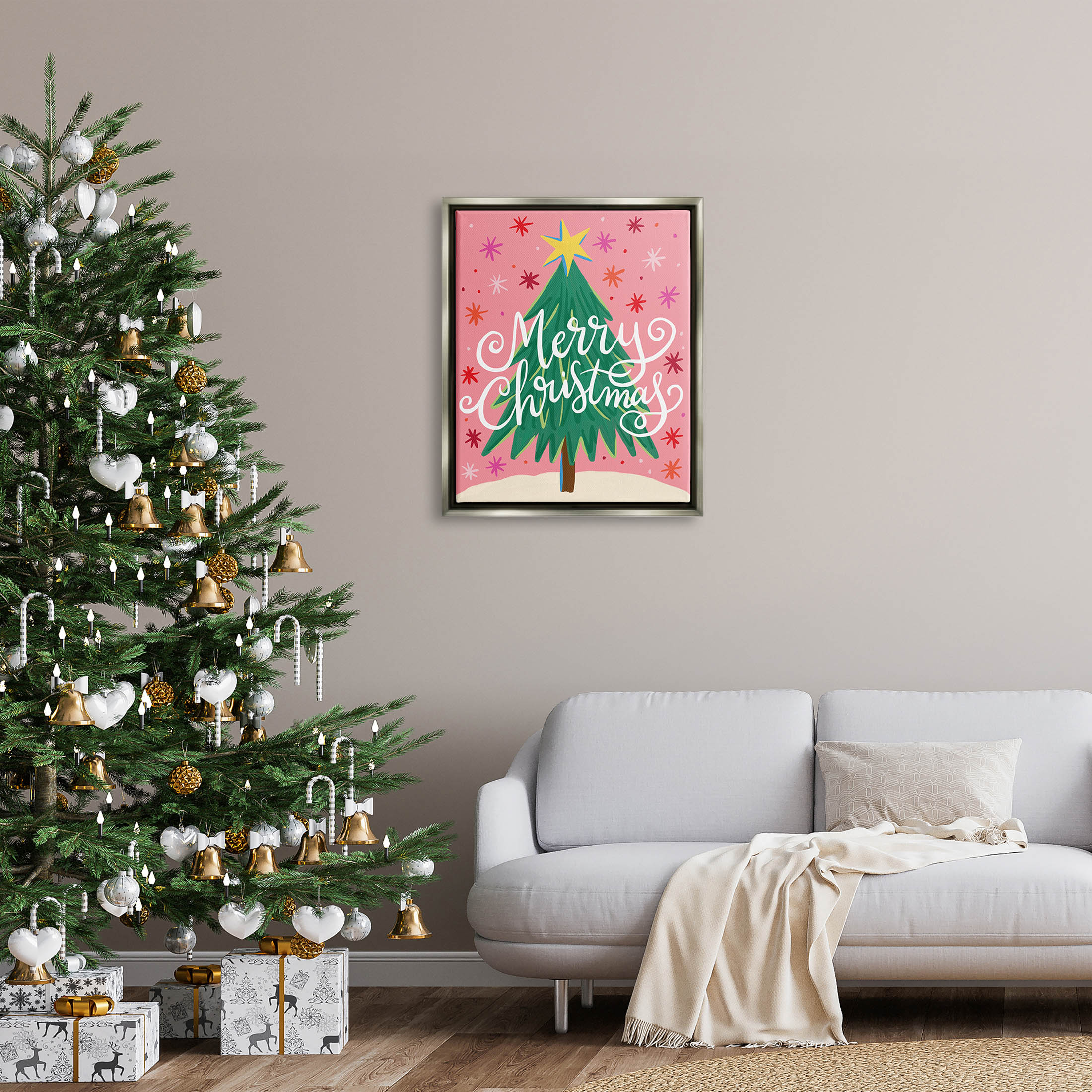 Merry Christmas Pink Starry Pattern Holiday Graphic Art Luster Gray Framed Art Print Wall Art