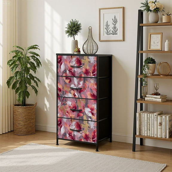 4 Drawer Vertical Storage Dresser print allover abstract floral wave creative style hand drawn with Wood Top Fabric Pull Drawers