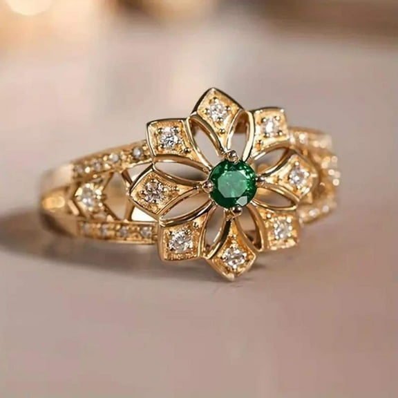Emerald Engagement Ring with Moissanite Diamond Ring, Round Shape Women’s Wedding Jewelry 14k Yellow Gold Plated