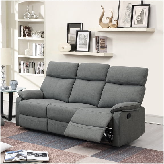 Gray Burlap Fabric Manual Recliner Sofa, 3-Seater Motion Couch with Padded Headrest & Armrest for Living Room