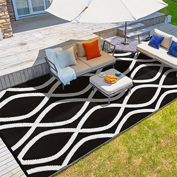 Little Dove 5*8 ft Outdoor Rug Waterproof, Reversible Plastic Straw Patio Mat for RV, Deck, Balcony, Backyard, Black and white waves