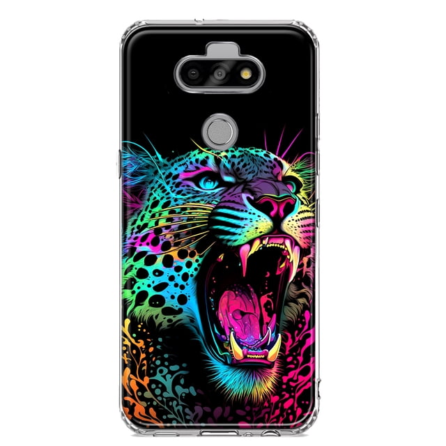 MUNDAZE LG Aristo 5/Phoenix 5/Risio 4 Neon Rainbow Glow Colorful Leopard Shockproof Clear Hybrid Protective Phone Case Cover
