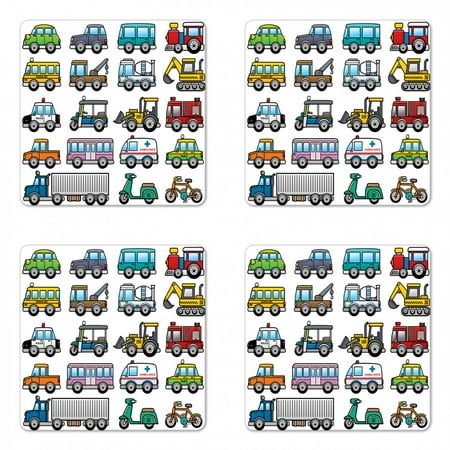 

Nursery Coaster Set of 4 Colorful Landscape Transportation Displayed in 4 Lines All from Bicycle to Truck Square Hardboard Gloss Coasters Standard Size Multicolor by Ambesonne