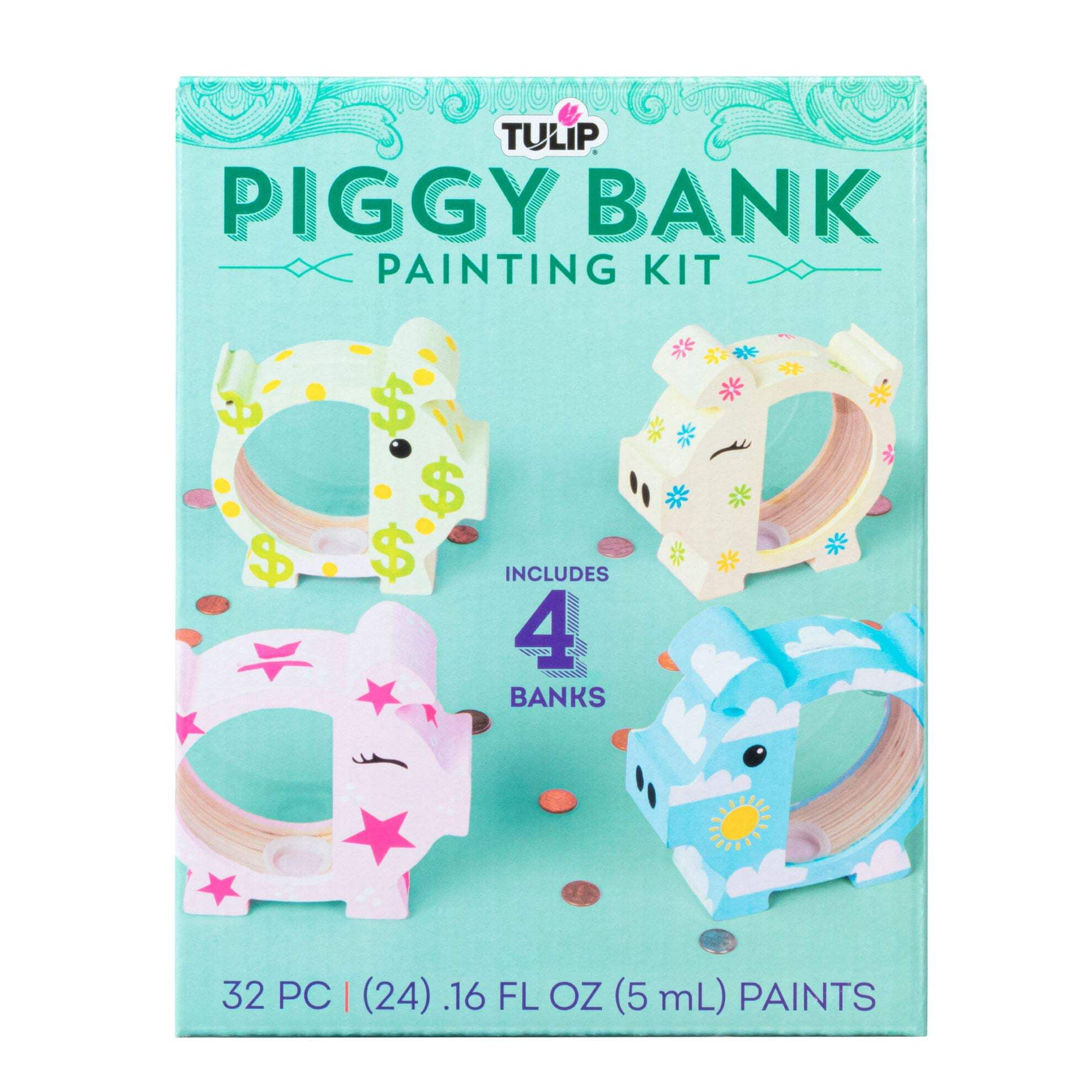 Tulip Paintable Wood Piggy Bank Paint Set, Craft Kit, 4 Piggy Banks, 4 Paint Brushes, 24 Paints