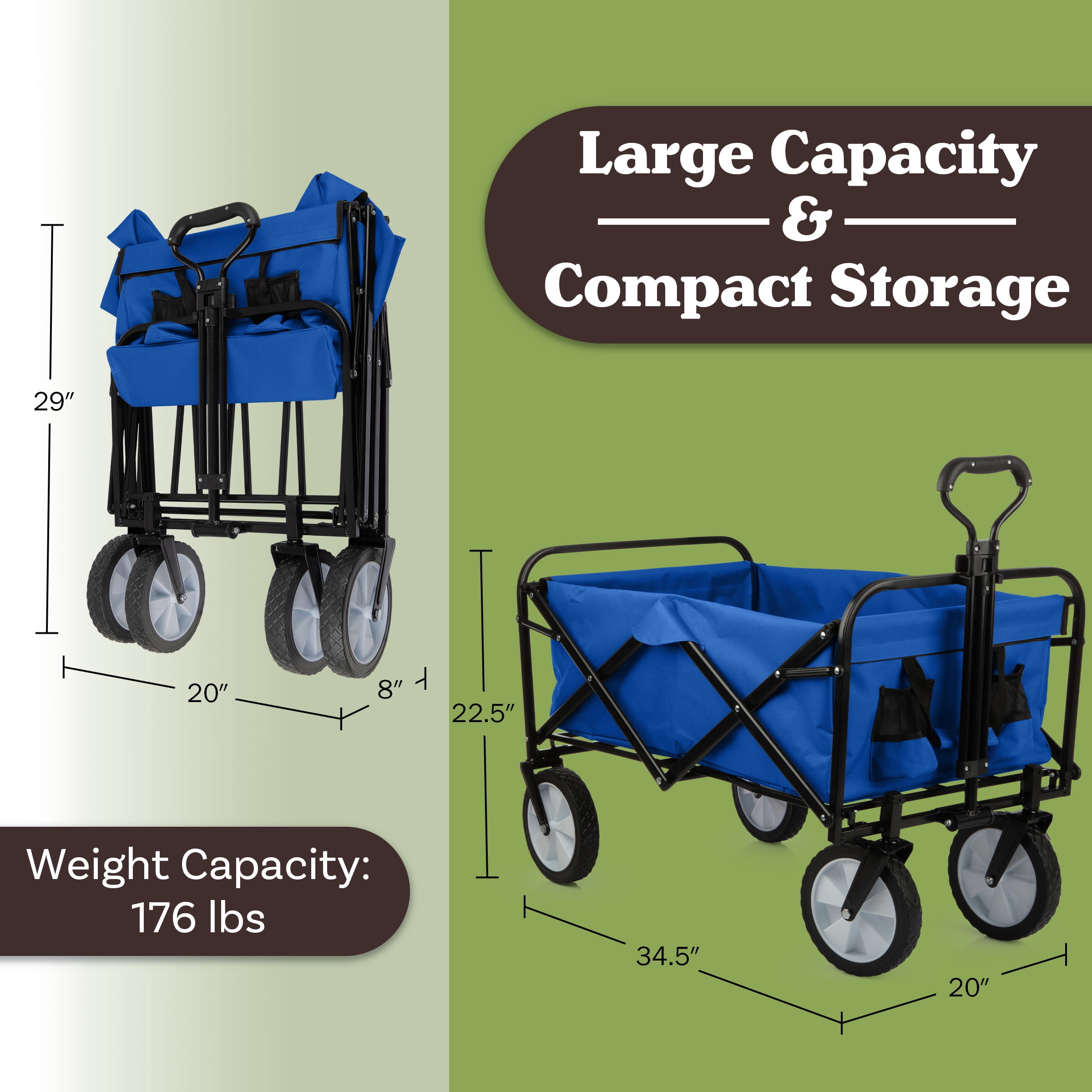 Wakeman Outdoors Collapsible Portable Wagon on Wheels - Grocery, Beach, or Garden Cart, Blue