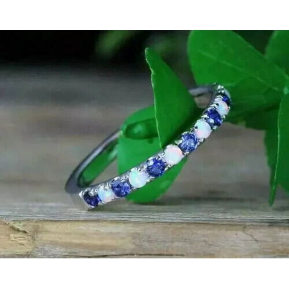 2Ct Round Simulated Fire Opal & Sapphire Women Eternity Wedding Band Ring 14K White Gold Plated