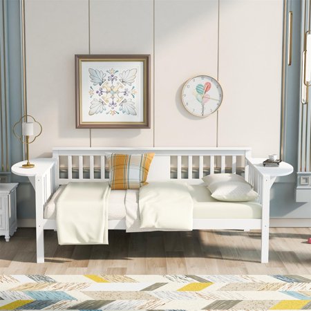 Solid Wood Frame Twin Size Daybed  Sofa Bed With small foldable table for Bedroom Living Room  Wood Slat Support  No Box Spring Needed  Easy Assembly (White)