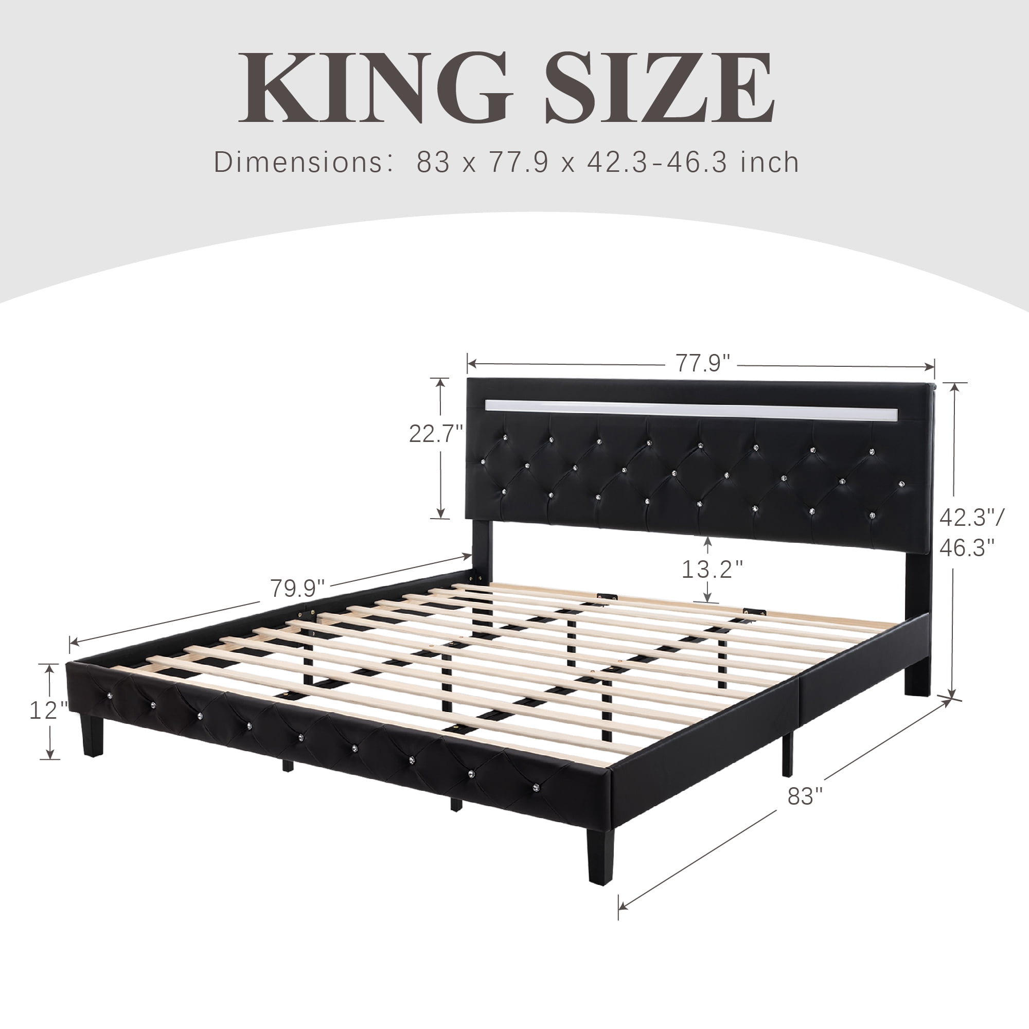 Forrise King Size Bed Frame with Upholstered LED Headboard, Built-in USB Ports & Power Outlets, No Box Spring Needed, Black