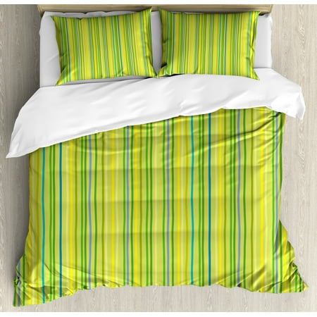 Lime Green Queen Size Duvet Cover Set, Pastel Toned Vertical Bands Striped Lines Geometric Figures Soft Print, Decorative 3 Piece Bedding Set with 2 Pillow Shams, Pale Green Yellow, by