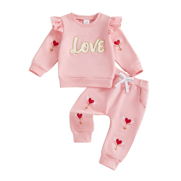 THDHVS Girls Outfits,Heart and Letter Embroidered Flutter Sleeve Top and Pants Set for Baby Girl Casual Wear 6-12 Months