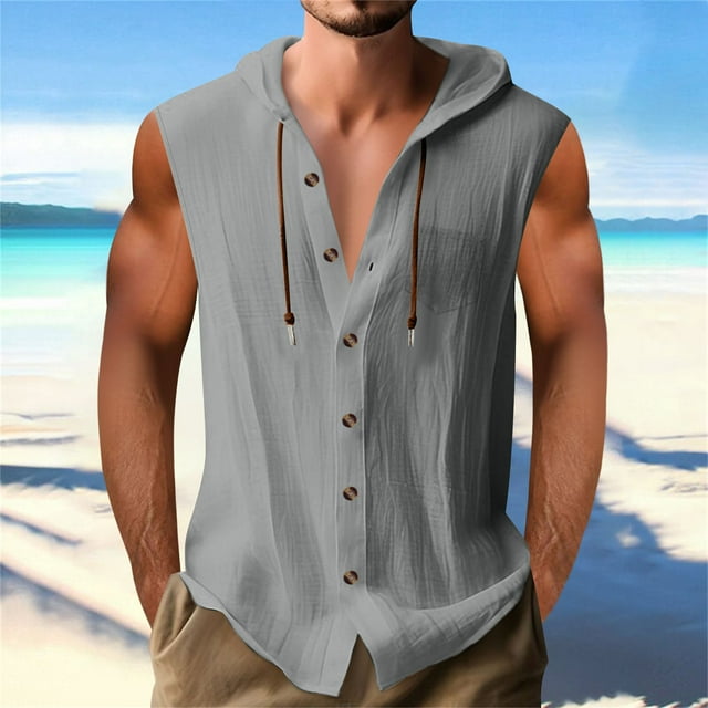 pstuiky Camiseta sin mangas para hombre, Cárdigan de lino con capucha y botones para hombre, sin mangas, informal Camisas para hombres s