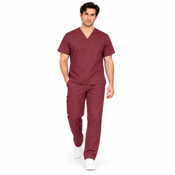 M&M SCRUBS Men's Cargo Scrub Set, 8 Pockets, Burgundy, 2XL