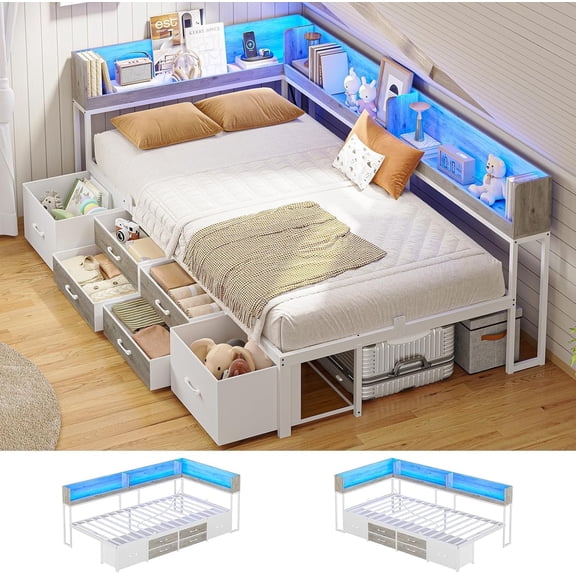 AOGLLATI Twin XL Daybed Frame with 6 Drawers & Bookcase Storage - 14 Inch Metal Platform Daybed with Charging Station & LED Lights, Grey