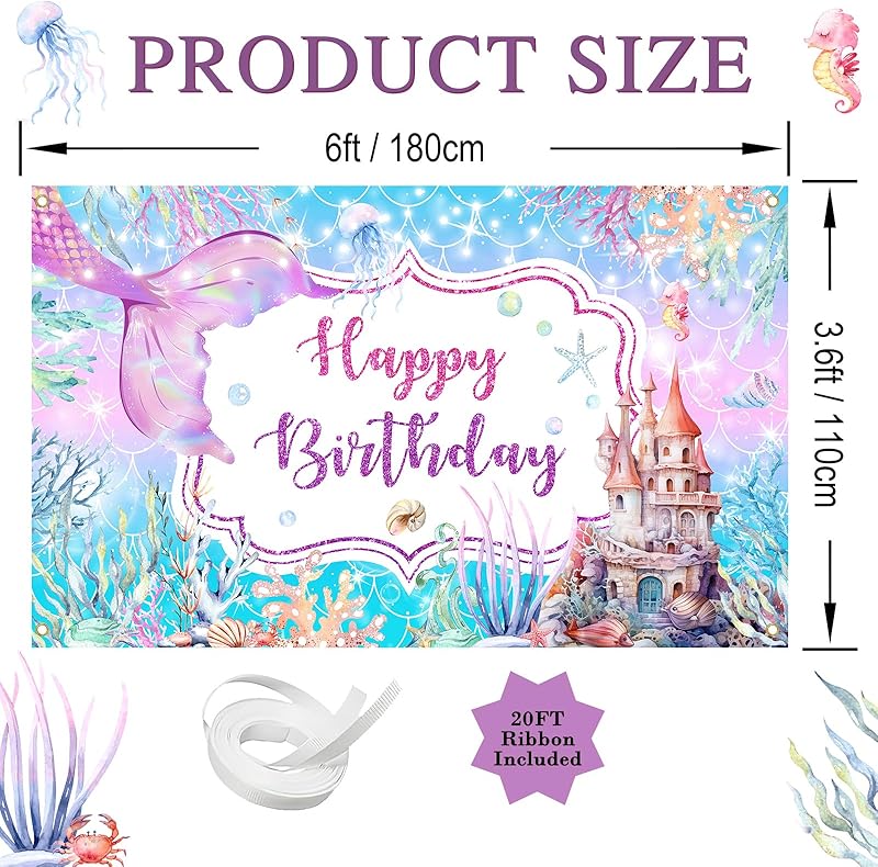 Avezano Meerjungfrau Geburtstags-Banner – 1,8 X 1,1 M – Lila Unterwasser-Design – Für Mädchen-Party-Deko