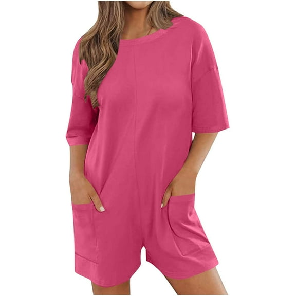 aidice Summer Jumpsuits for Women Casual Round Neck Shorts Sleeve Backless Comfy Loose Shorts Rompers