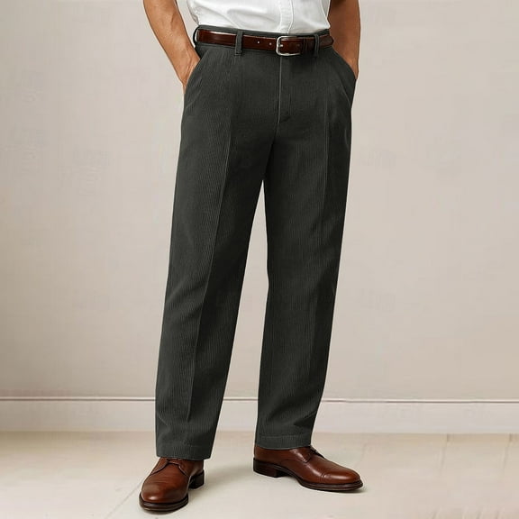 Qulqfy Mens Corduroy Pants Baggy Big and Tall Dress Green Suit Pants Flat Front Wide Leg Pleated Trousers Stretch Pants for Men 29