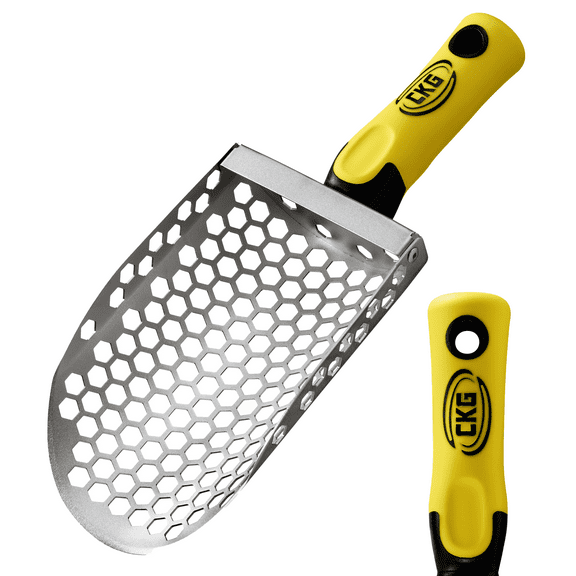 CKG Hand Sand Scoop for Metal Detecting with Ergonomic Yellow Handle, Metal Detecting Shovel for Beach Sand Sifter, Heavy Duty Stainless Steel, Perfect from Metal Detector Accessories