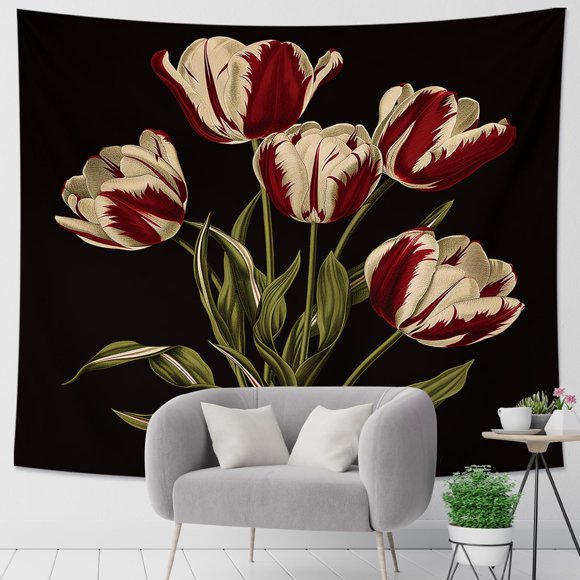 Generic Tulips Tapestry Abstract Aesthetic Floral Painting Spring Botanical Seasonal Black Green Polyester Backdrop Decorative Ceiling Headboard Bedroom Couch Club Tapestry One Piece 60x50 Inch