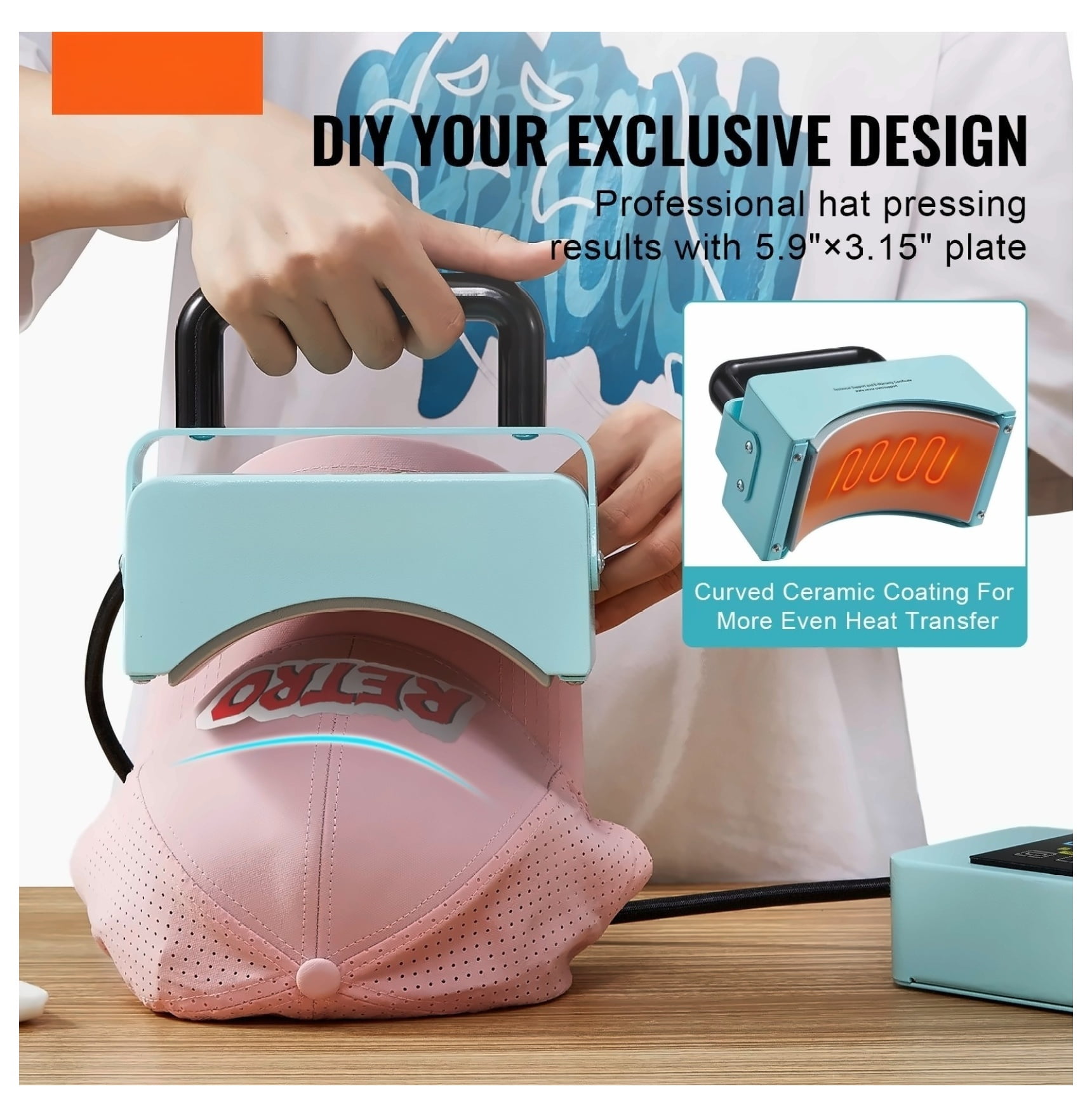 Hat Press Machine Mini for Caps 5.9x3.15 inch - Portable Heat Press for Hat Customization, Curved Ceramic Plate, Adjustable Temperature, Silicone Pad