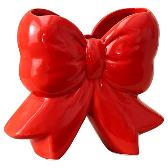 Red Ceramic Bow Vase, Fresh Flower Container, Romantic Desktop Decor, Office Bedroom Ornament, 5 x 5 x 4.6 in