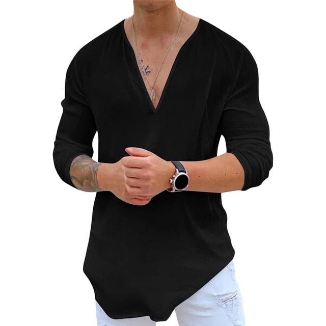 Hombres Primavera Verano Casual T Shirt Color Sólido Manga Larga Cuello en V Camisas Loose Fit Tops