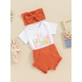 thumbnail image 3 of Suealasg Newborn Girls 3Pcs Easter Outfit Baby Girl Summer Clothes 3 6 9 12 Months Infant Girls Short Sleeve Round Neck Letter Print Romper + Ribbed Shorts + Headband, 3 of 9