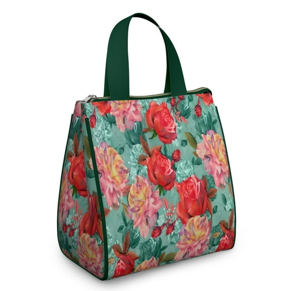 Pioneer Flower Floral Print Pattern Insulated Lunch Bag for Women & Adults,Large Portable Soft Cooler Lunch Bag,Thermal Food Storage Tote with Pearl Cotton,8.66L,8.75x5.75x9.5 Inch