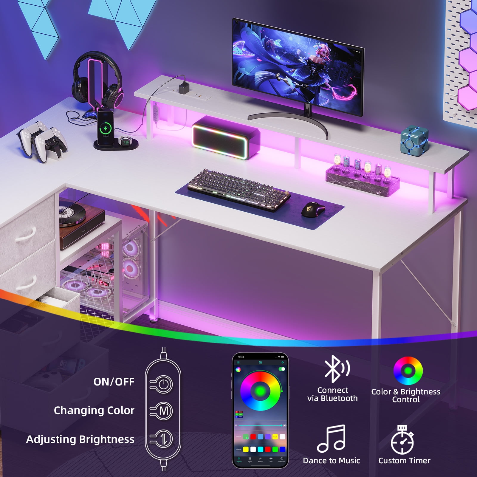 Eunos 53 inch L Shaped Gaming Desk with Power Outlets & LED Light, Computer Desk with 4 Tiers Drawers for Home Office, White