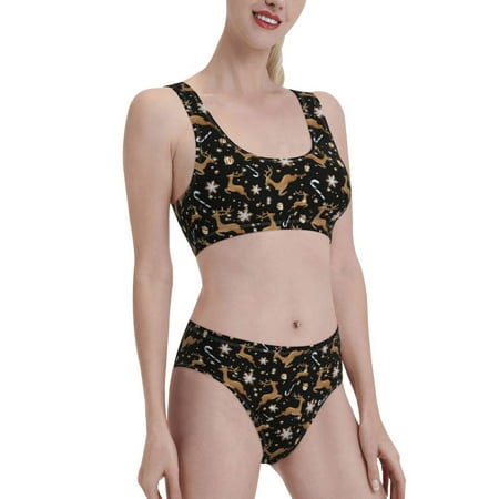 Uemuo Christmas Cookie Reindeer Printed Women s High Waisted Bikini Sets Sporty Two Piece Swimsuits Color Block Cheeky High Cut Bathing Suits-Medium