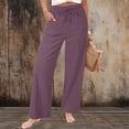 thumbnail image 3 of Bloomae Women Wide Leg Flowy Drawstring Palazzo Linen Pants Beach Lightweight Casual Elastic High Waisted Loose Comfy Trousers with Pockets Purple XL, 3 of 9
