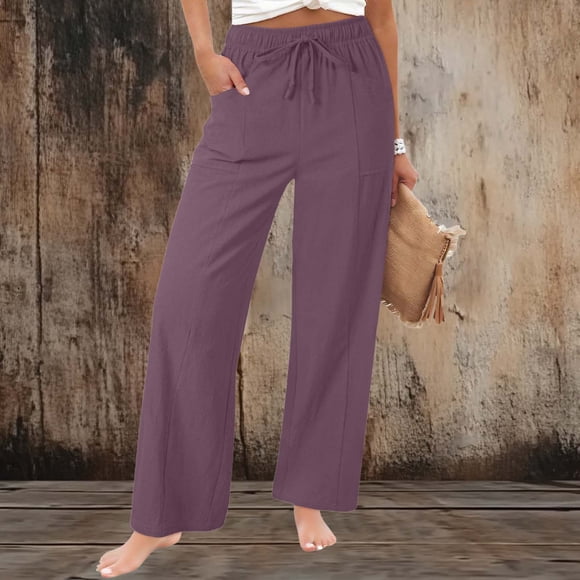 Nfurl Cotton Linen Pants for Women Elastic Waist Drawstring Vacation Summer Pant Dressy Casual Linen Pants Women Work Trousers Purple XXL