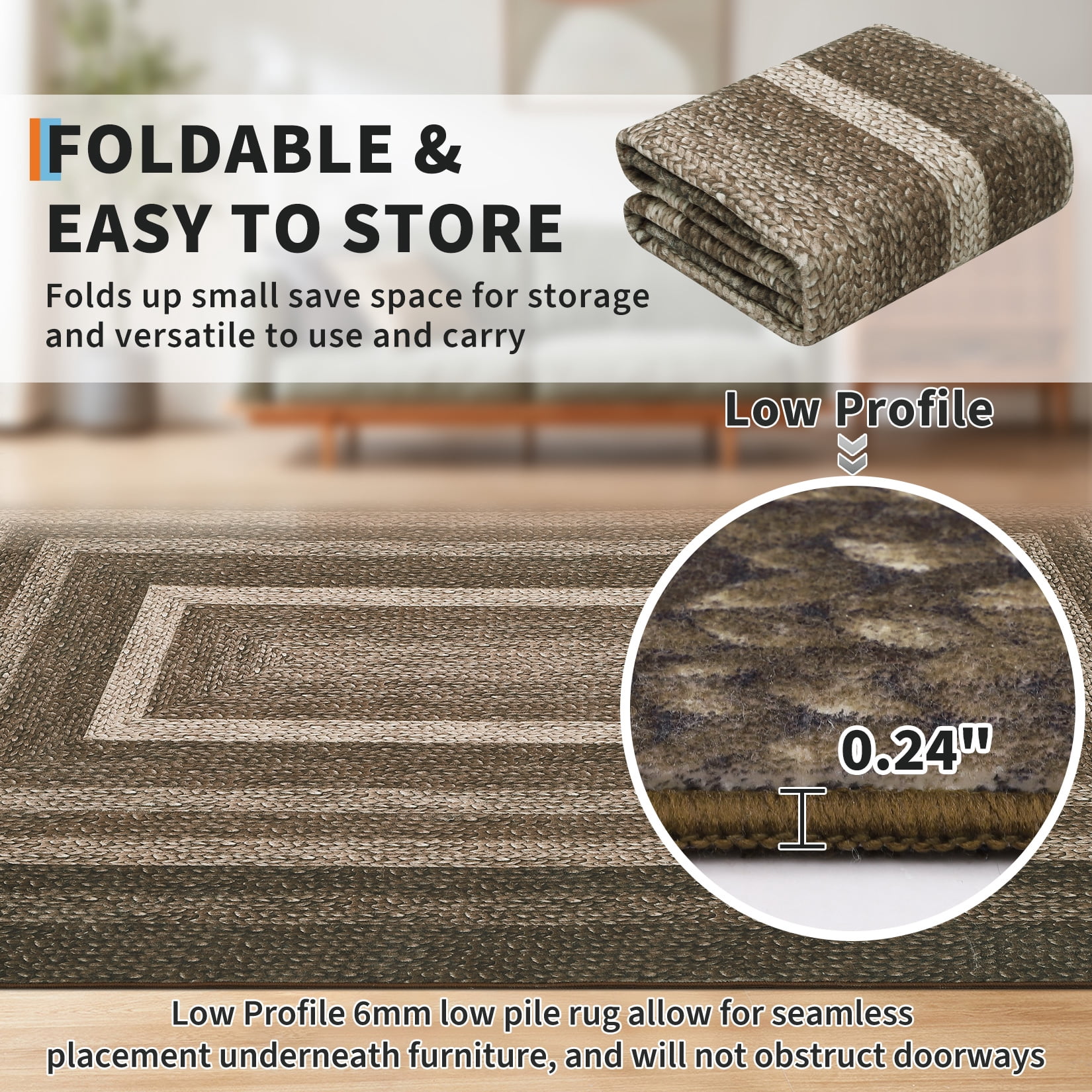 HOMERRY Washable Bordered Runner Rug for Hallway 2' x 6' Non-Slip Modern Braided Print Accent Indoor Carpet, Brown