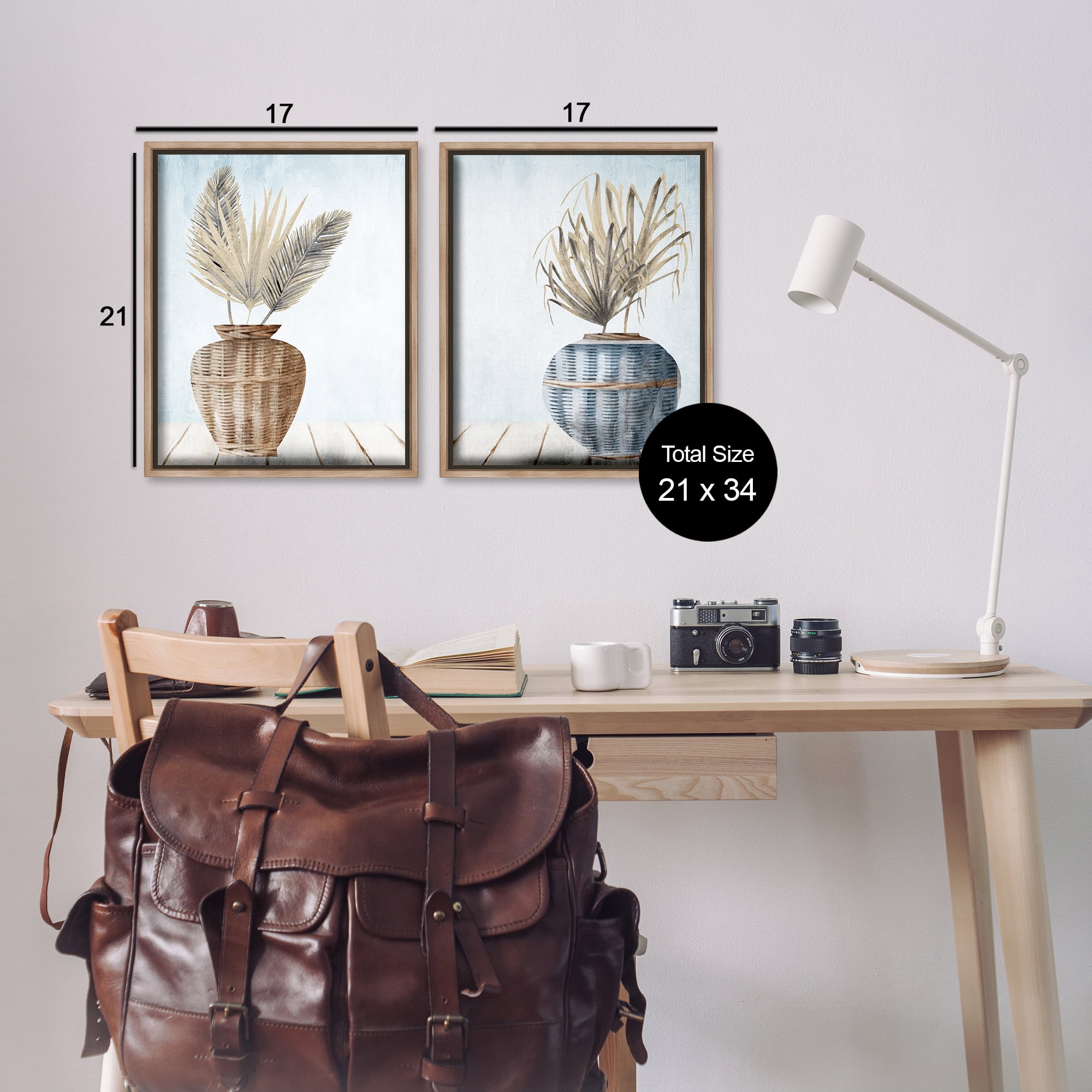 Stupell Industries Palms in Rattan Planters Floral & Botanical Painting Brown Floater Framed Canvas Art Print Wall Art, 17 x 21, Set of 2