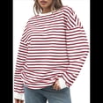 thumbnail image 3 of Sudadera de Cuello Redondo A Rayas de Gran Tamaño para Mujer, Jersey de Larga con Bloques de Color, Camiseta Informal Holgada para Hacer Ejercicio, Color Rojo, Talla M, 3 of 6