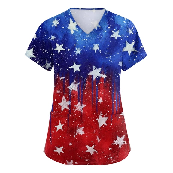 America 250 Years Scrub Shirt for Women Usa Flag Print Independence Day Patriotic Star V Neck Tops Short Sleeve Relaxed Fit Daily Wear Nursing Uniforms with Pockets, #01 Red, XXL