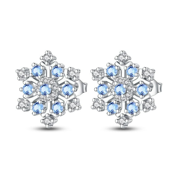 KUNSIR Blue Snowflake Earrings - Winter Holiday Silver Studs for Christmas & New Year