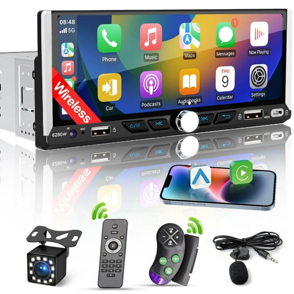 Single Din Car Radio Compatible with Wireless Apple CarPlay, Car Stereo with 6.9'' IPS Touchscreen,Bluetooth,FM AM Radio,GPS Navigation,Type-C/Dual USB 2.1A Fast Charge/