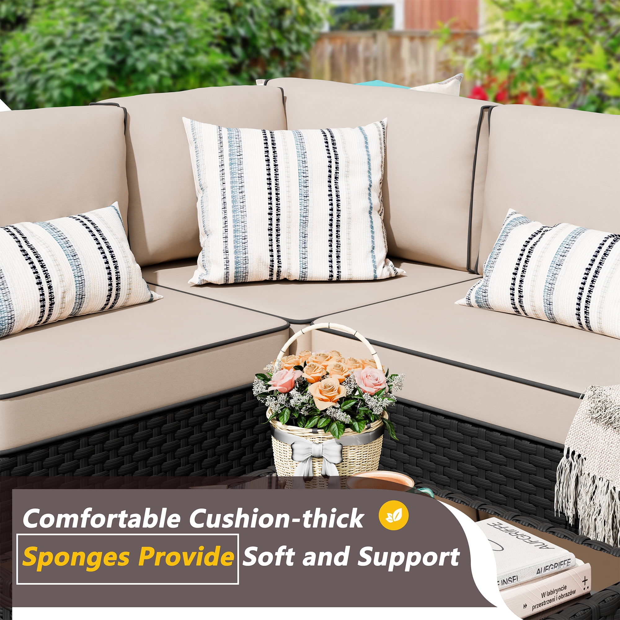 Walsunny 5 Pieces Patio Furniture Sets, Outdoor Wicker Rattan Patio Conversation Set with Cushions and Glass Table for Backyard, Garden,Pool, Black Rattan Khaki Cushions