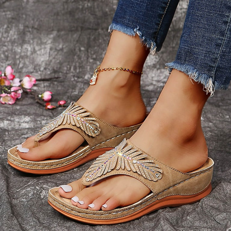 Women's Wedge Heel Slippers Casual Thong Sandal Comfortable Flip Flops for  Women Casual Athletic Yoga Mat Cushion Sandal Bohemia Flat Shoes for Summer  