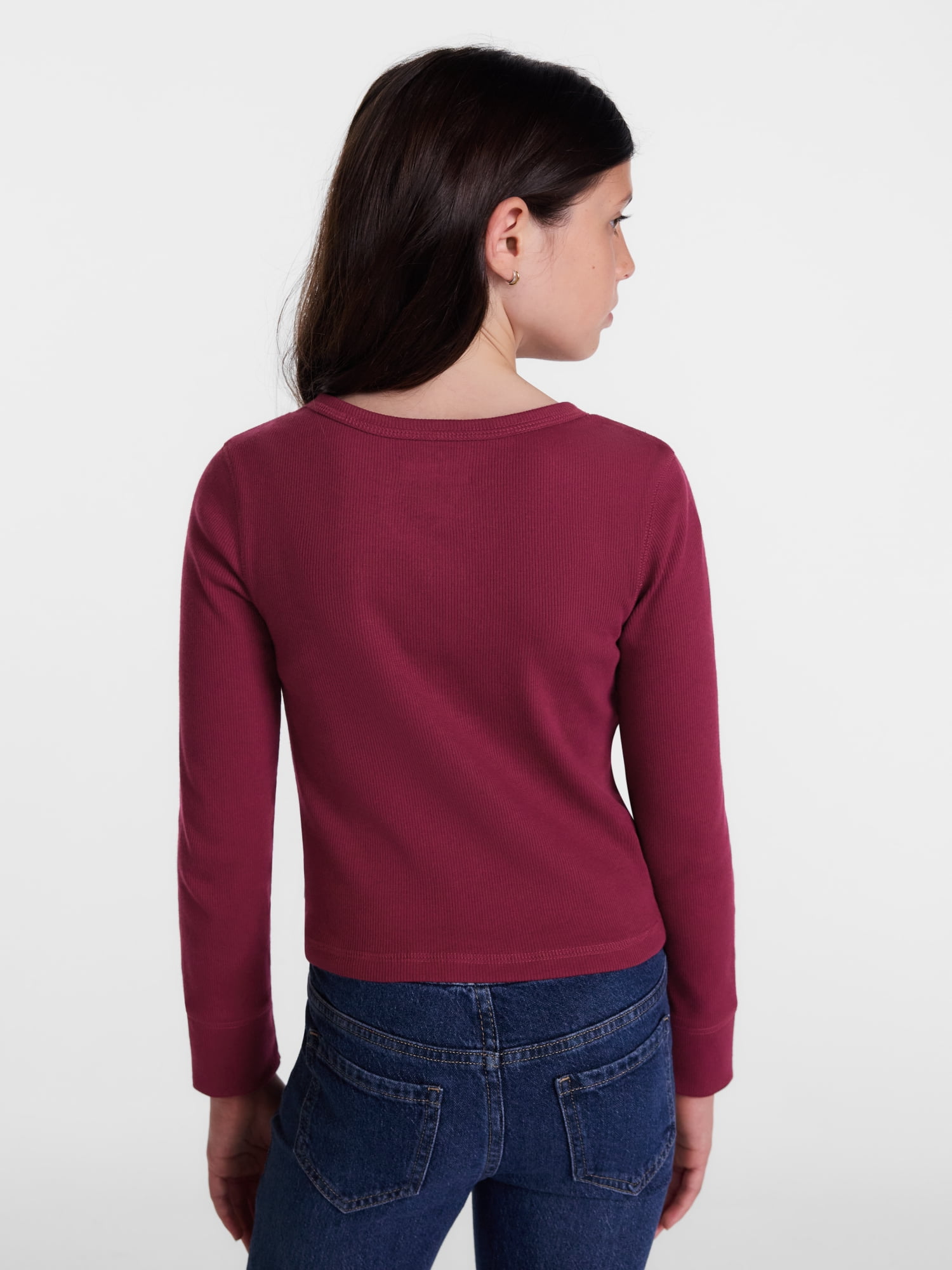 Weekend Academy Girls Ribbed Henley Top with Long Sleeves, Sizes 4-18