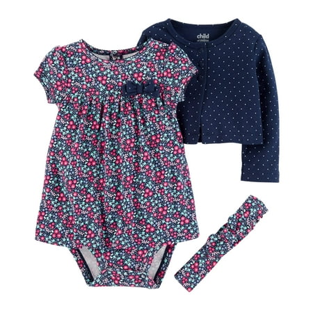 Child of Mine by Carter's Long Sleeve Cardigan, Dress & Headband, 3pc Outfit Set (Baby Girls)
