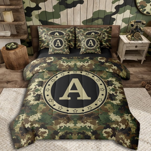 Erosebridal Green Brown Camouflage Twin Bedding Sets 7-Piece For Boys Teens,Personalized Initial A Bedding Comforter Set,Black Reversible